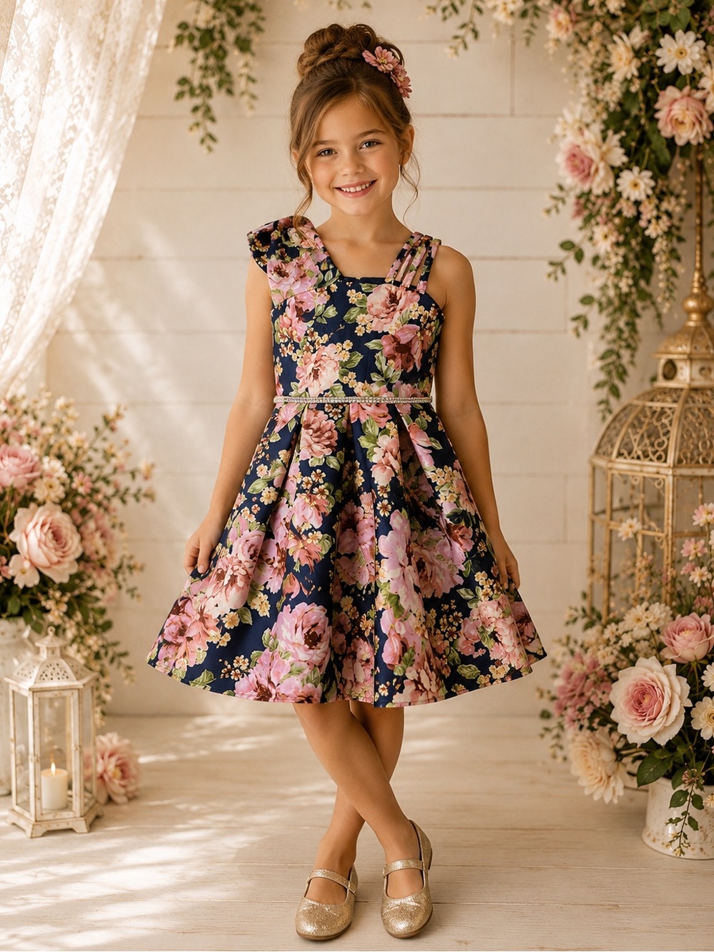 Rare Editions Girls Size 7 Navy Pink Floral Rhinestone Party Dress